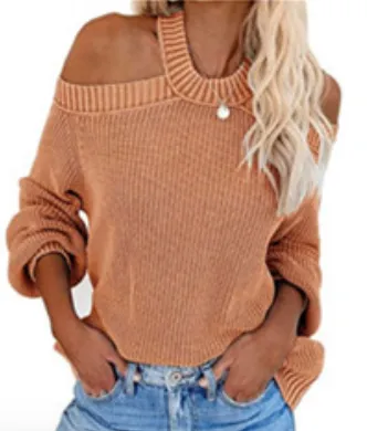 2020 Autumn Winter Oversize loose fit Off Shoulder Woman Sweater hollow cut Maglione Pullover Sweatshirt knitting SF1070