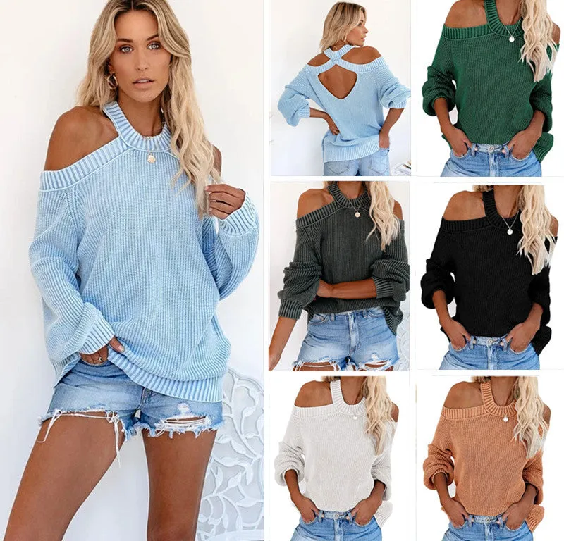 2020 Autumn Winter Oversize loose fit Off Shoulder Woman Sweater hollow cut Maglione Pullover Sweatshirt knitting SF1070