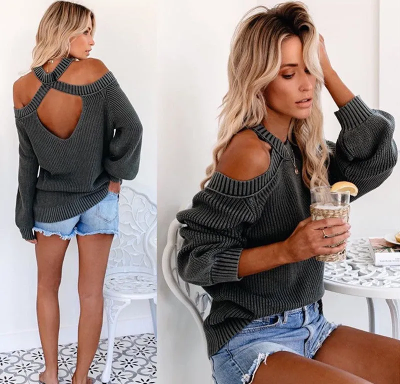 2020 Autumn Winter Oversize loose fit Off Shoulder Woman Sweater hollow cut Maglione Pullover Sweatshirt knitting SF1070