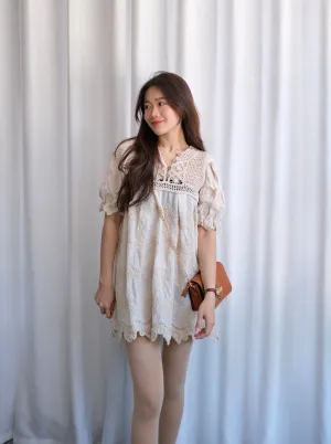 ACEWIN Puff Sleeve Embroidery Crochet Dress (Free Size) 703228