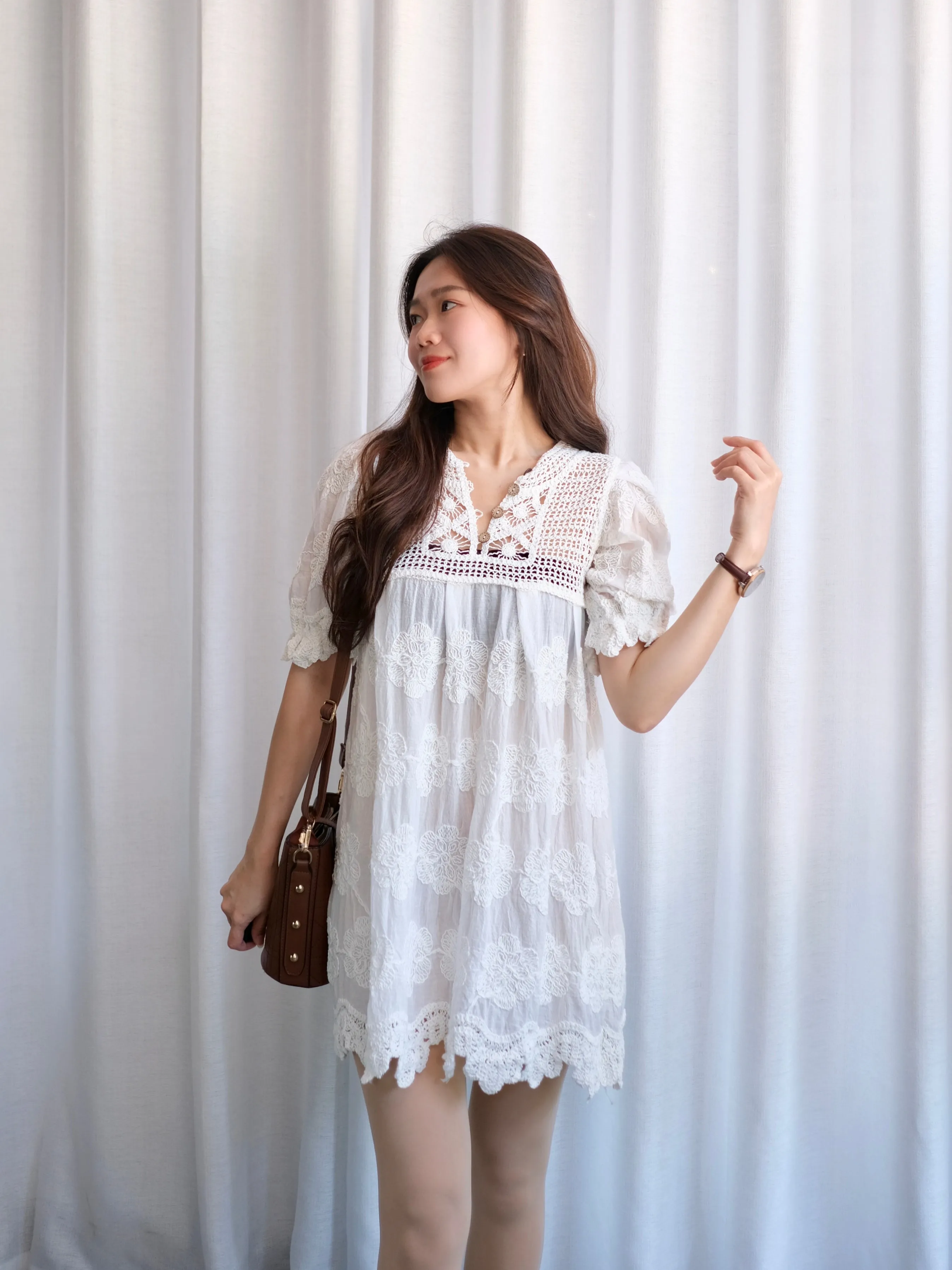 ACEWIN Puff Sleeve Embroidery Crochet Dress (Free Size) 703228