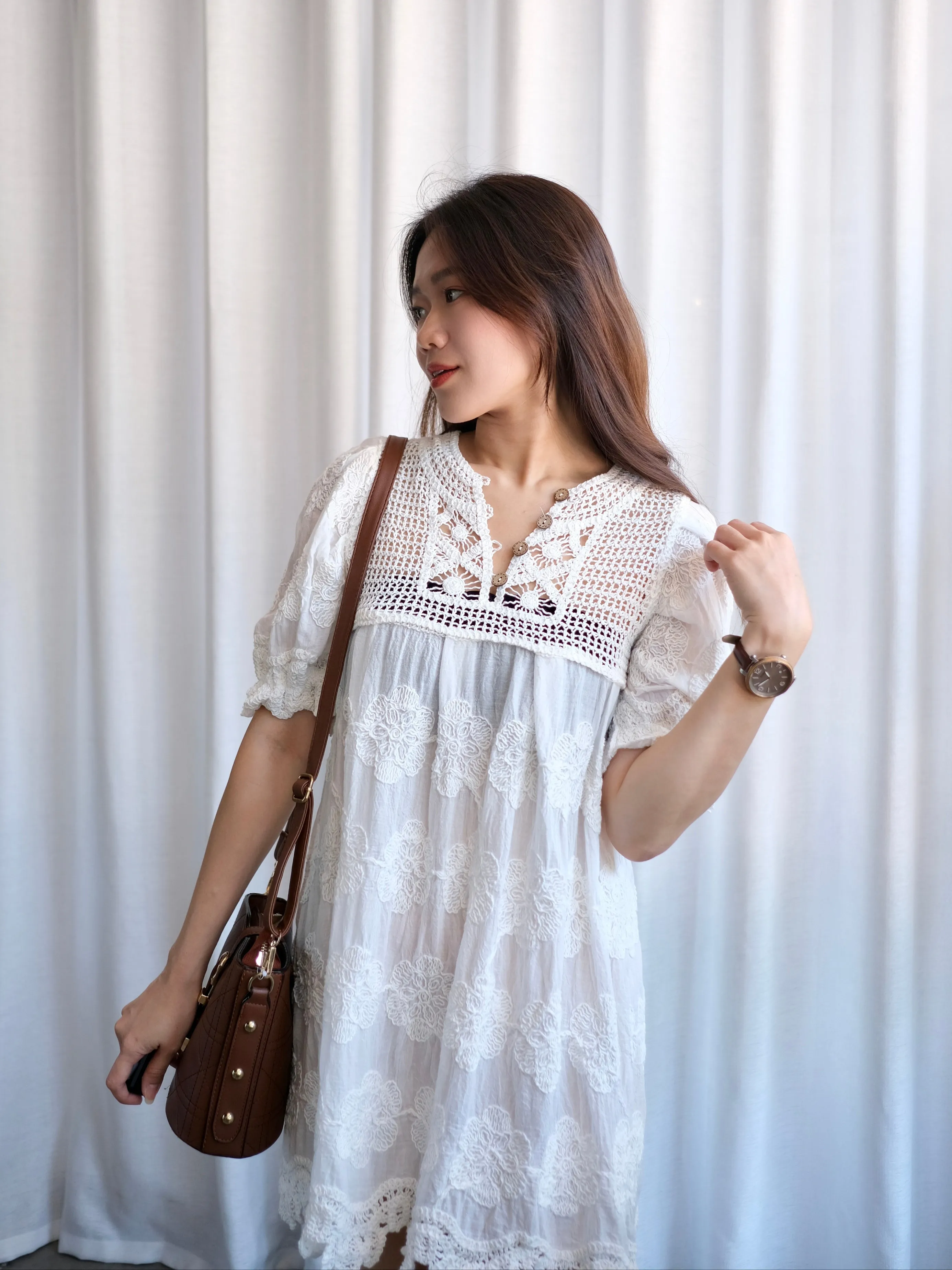 ACEWIN Puff Sleeve Embroidery Crochet Dress (Free Size) 703228