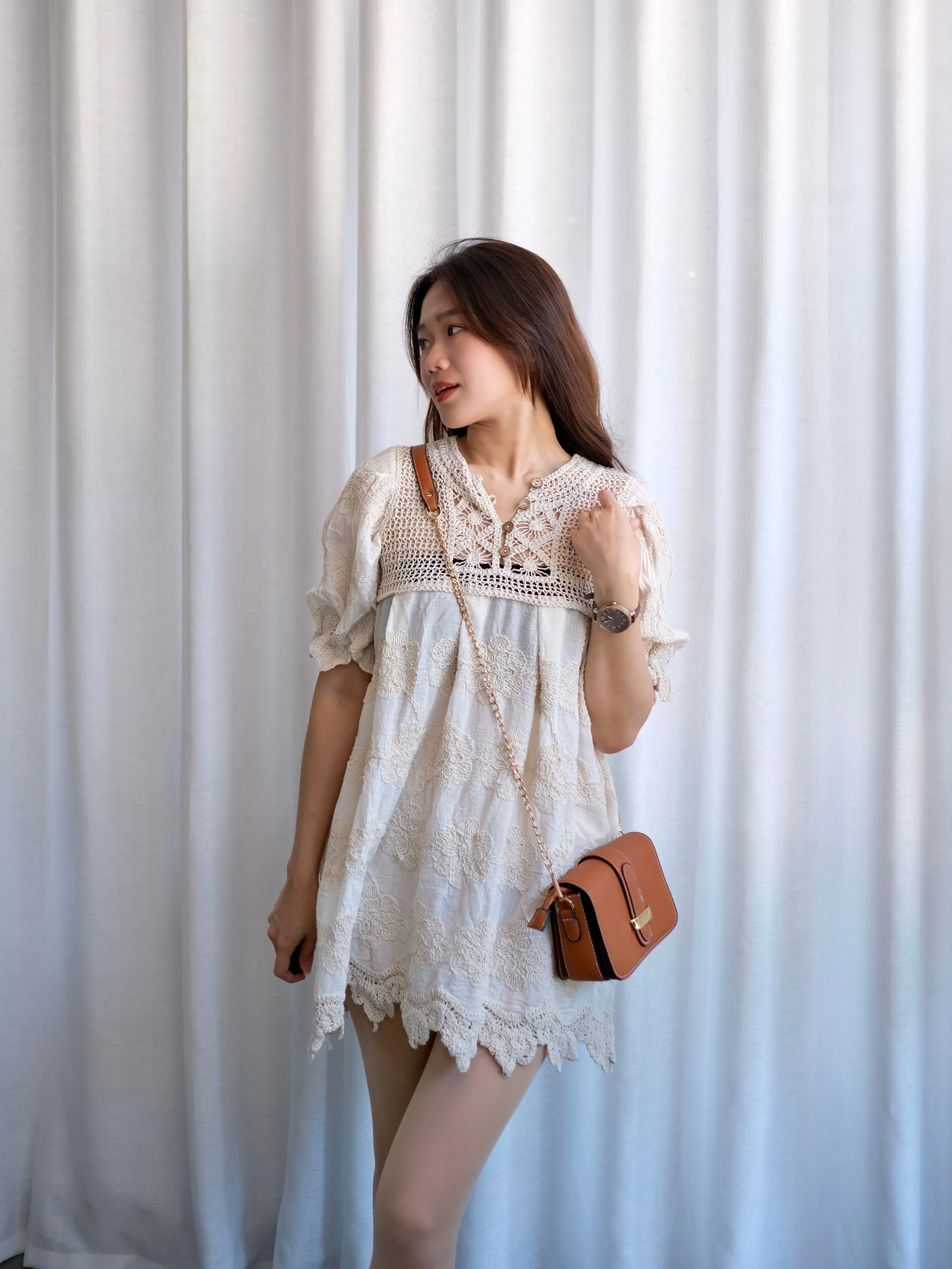 ACEWIN Puff Sleeve Embroidery Crochet Dress (Free Size) 703228