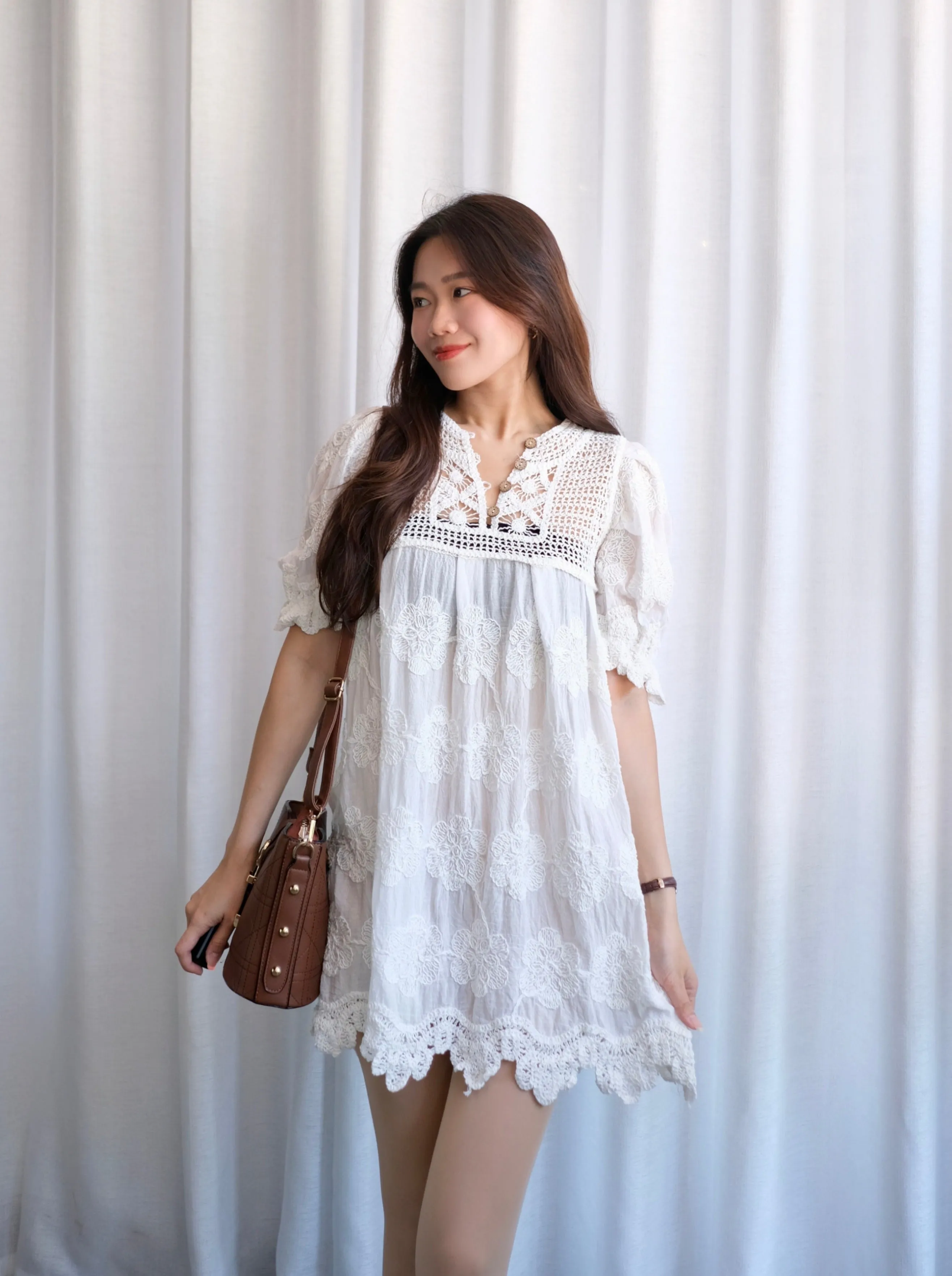 ACEWIN Puff Sleeve Embroidery Crochet Dress (Free Size) 703228