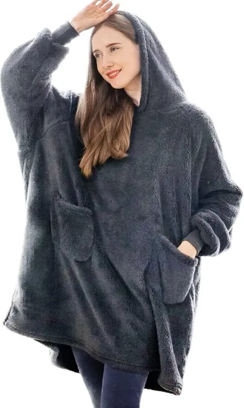 Aisbo Oversized Wearable Blanket Hoodie Women - Warm Hoodie Blanket for Mens Adult, Winter Teddy Fleece Hooded Blanket with Hood Black Gifts for Her Ladies, 95x85 cm