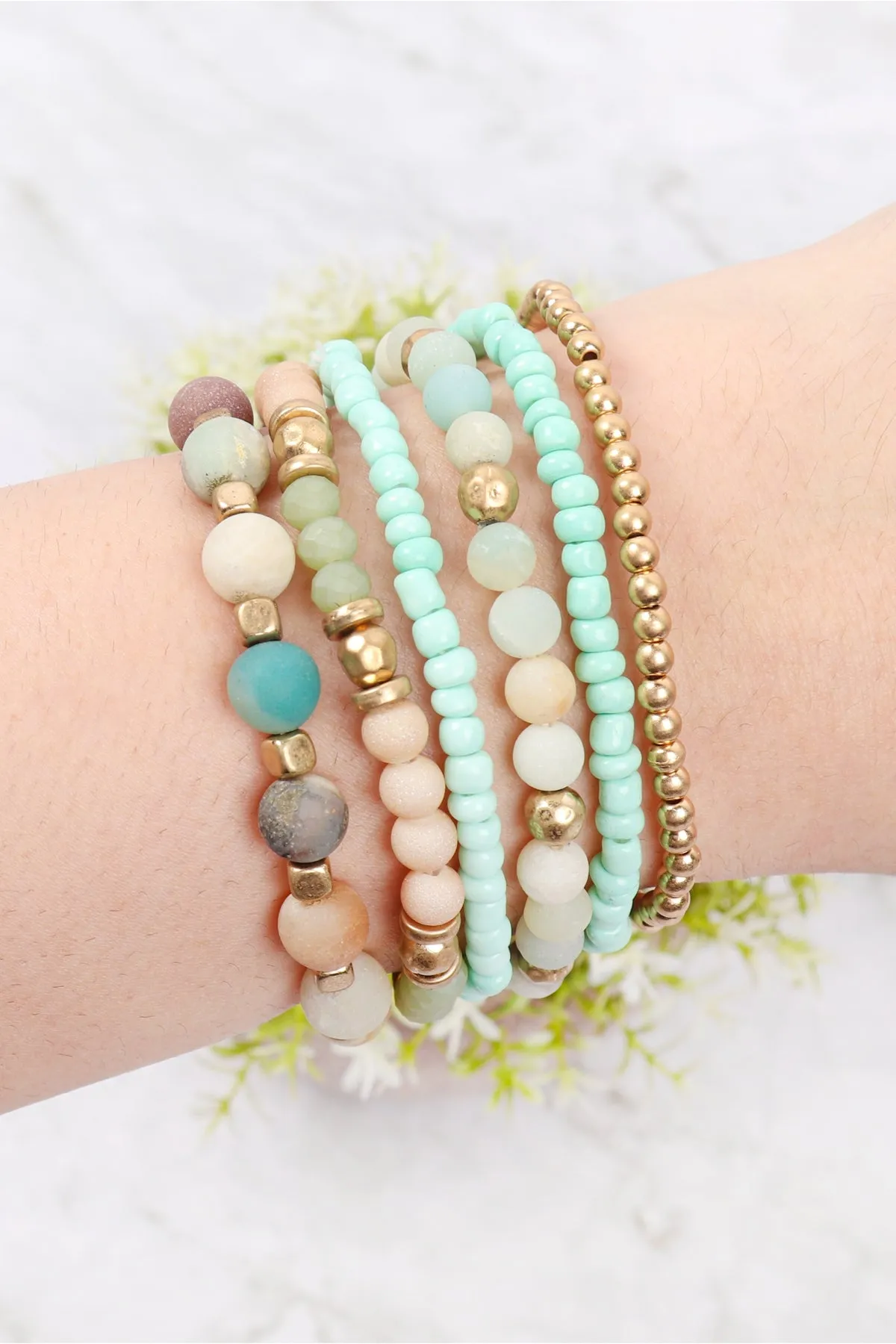 Amazonite Natural Stone Mixed Beads Charm Bracelet - Pack of 6