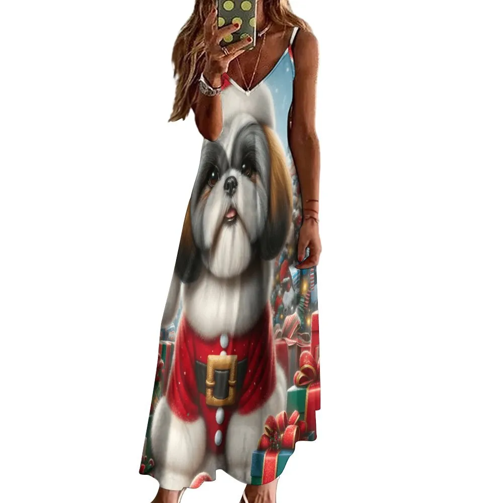 Christmas Dog Spaghetti Strap Ankle-Length Dress Long dress