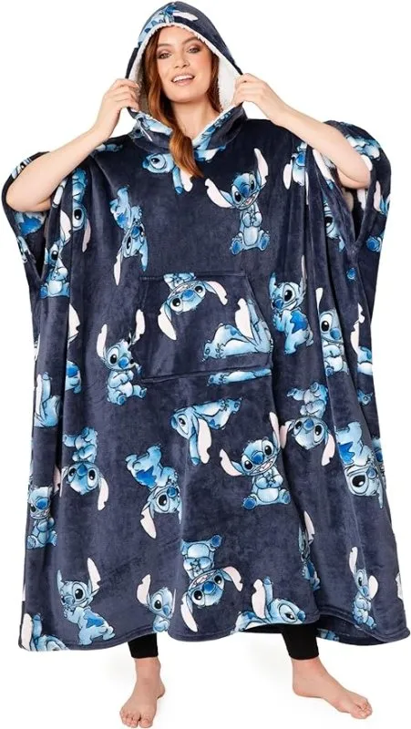 Disney Stitch Blanket Hoodie for Women and Teenagers - Cosy Oversized Fleece Poncho One Size Sherpa Hood - Stitch Gifts Navy