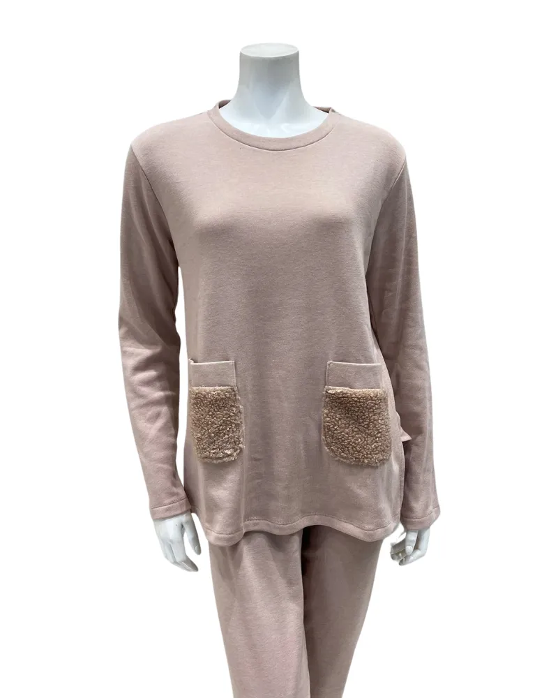 Iora Lingerie Pale Pink Sherpa Pockets Fleece Lined Pajamas Set