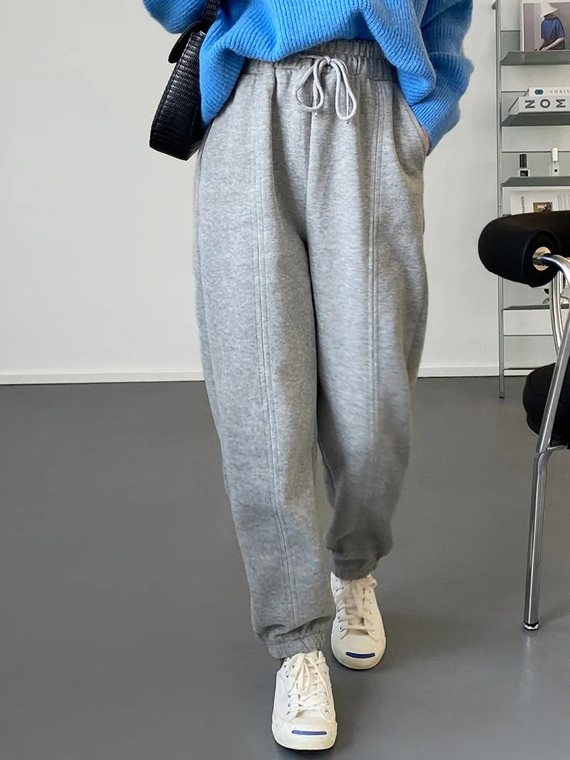 [Korean Style] 2 Colors Drawstring Cinched Waist Fleece Lined Sweatpants