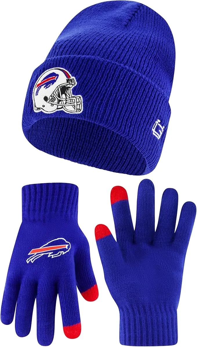 NFL Official Adults Super Soft Heritage Logo Winter Beanie Knit Hat with Extra Warm Touch Screen Gloves|Buffalo Bills