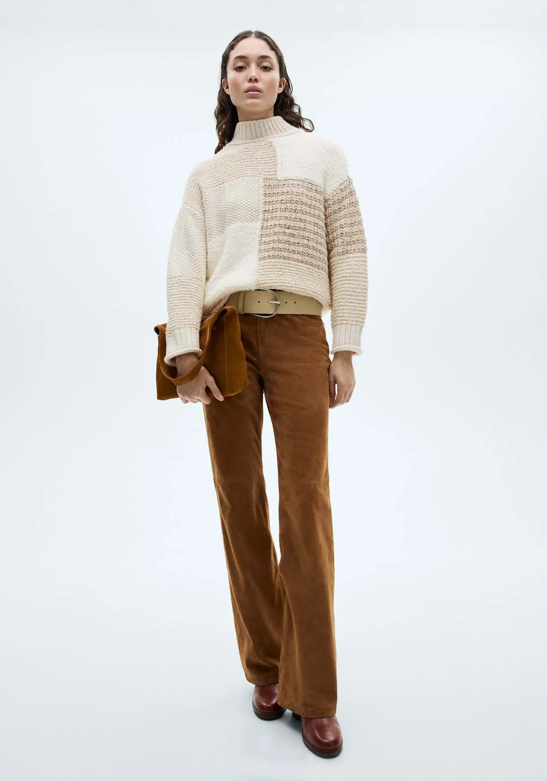 Perkins-neck patchwork sweater - Light Beige