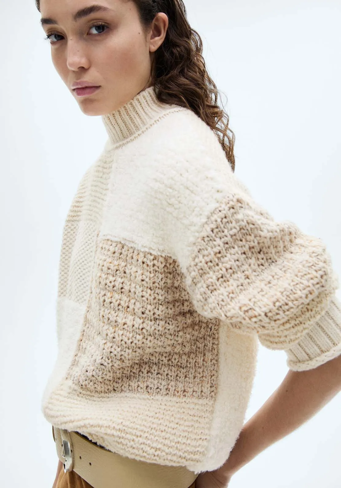 Perkins-neck patchwork sweater - Light Beige