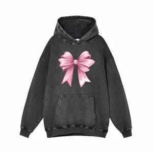 Pink Fluffy Bow Vintage Washed Hoodie