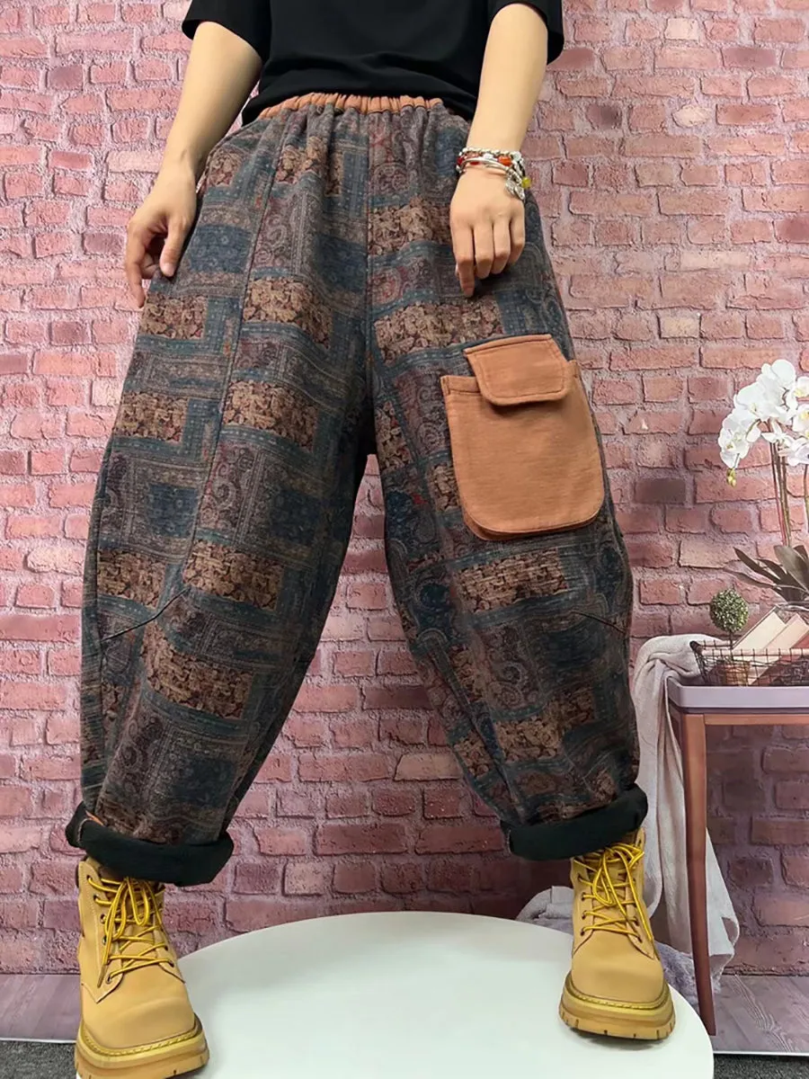 Plus Size Women Vintage Plaid Spliced Fleece-lined Harem Pants