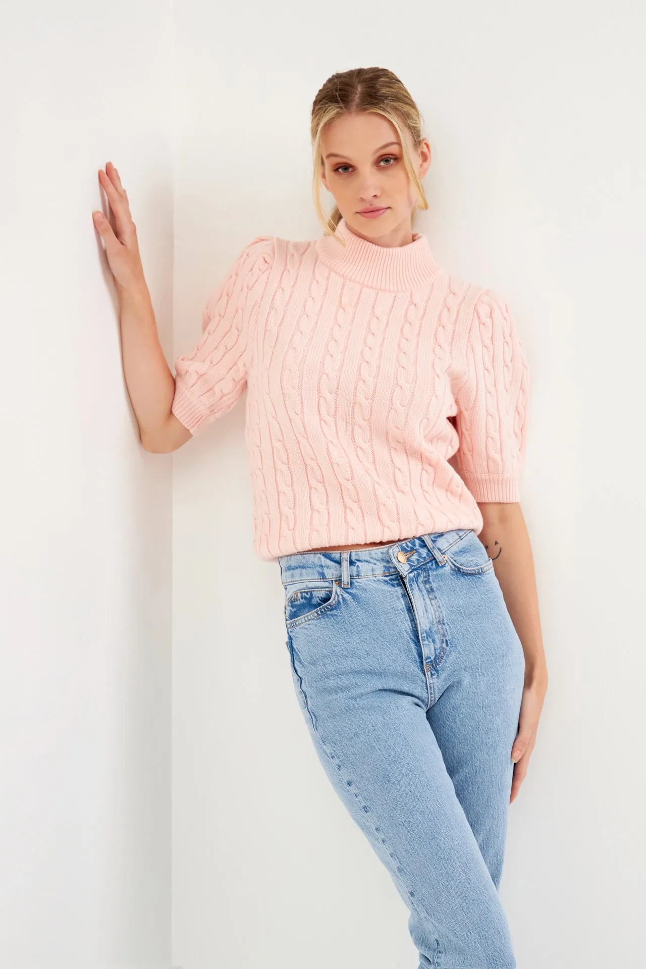 Short-Sleeve Cable-Knit Sweater