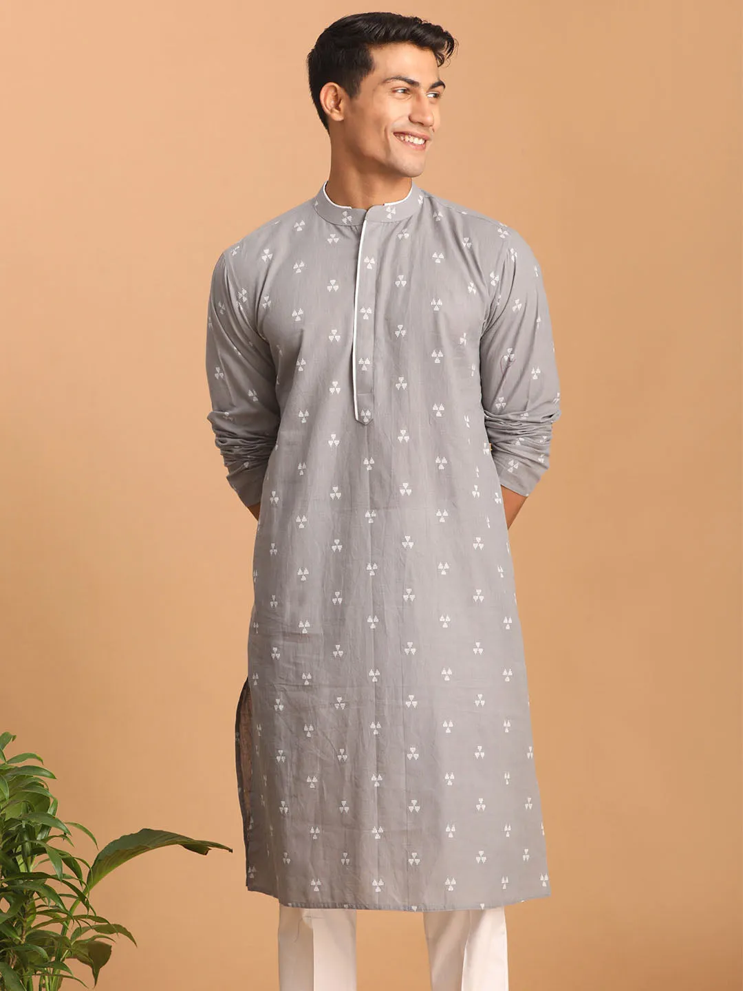 SHVAAS By VASTRAMAY Men's Grey Geometric Booti Jacquard Kurta