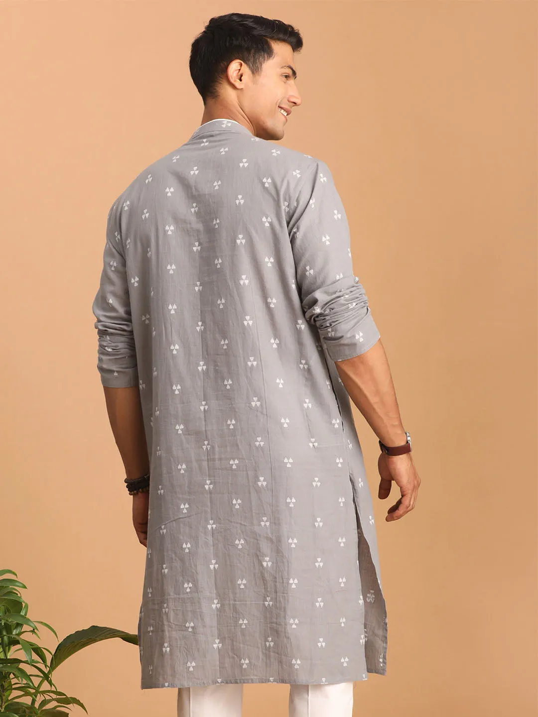 SHVAAS By VASTRAMAY Men's Grey Geometric Booti Jacquard Kurta