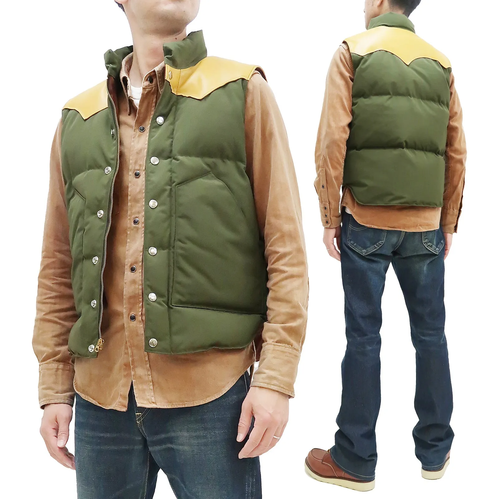 Sugar Cane Down Vest with Leather Yoke Panel Men's Winter Outerwear Vest SC15222 149 Olive/Camel