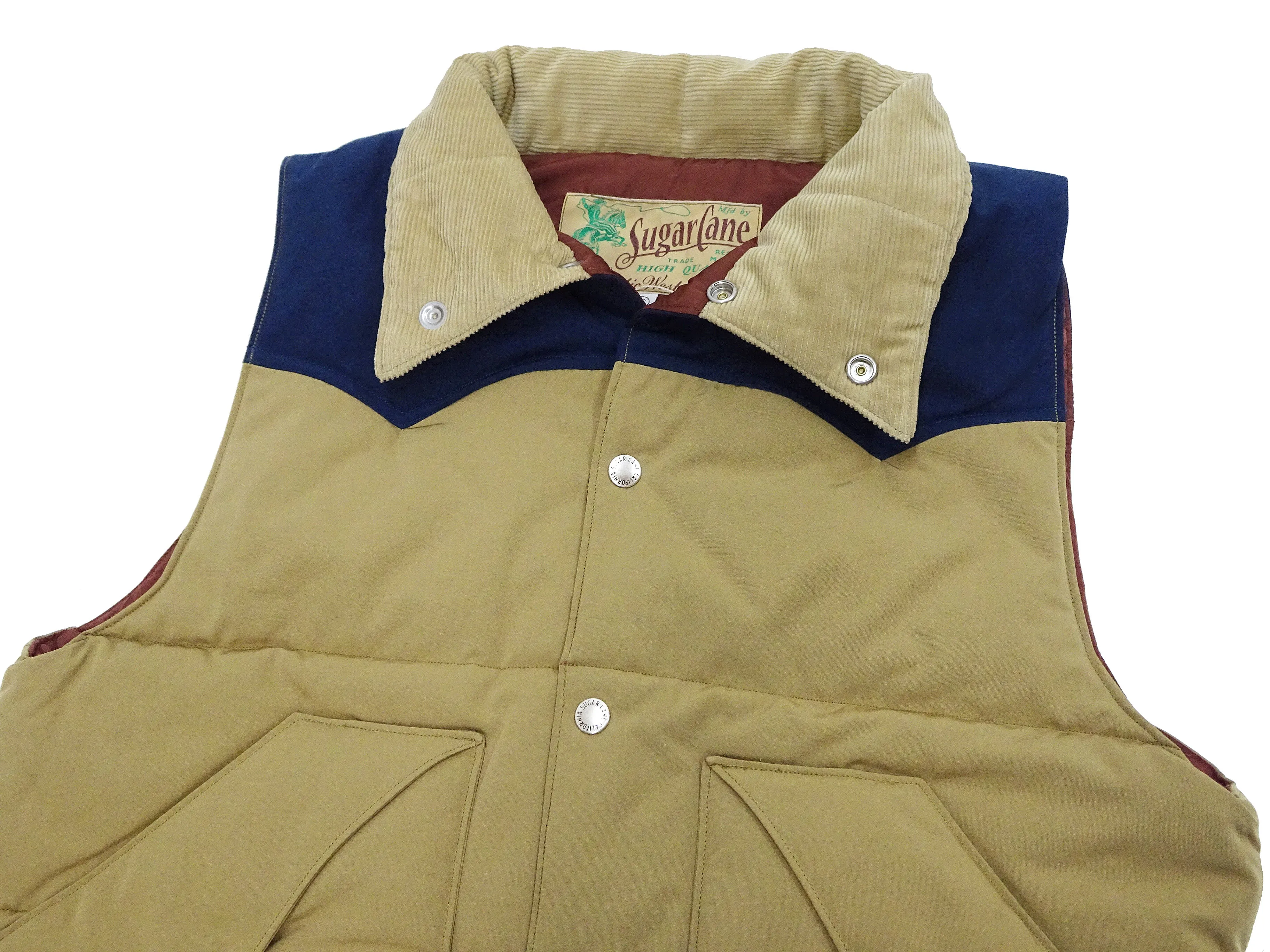 Sugar Cane Puffer Vest Men's Outer Vest Contrast Yoke Panel Padded Vest SC15400 133 Beige/Navy-Blue/Beige