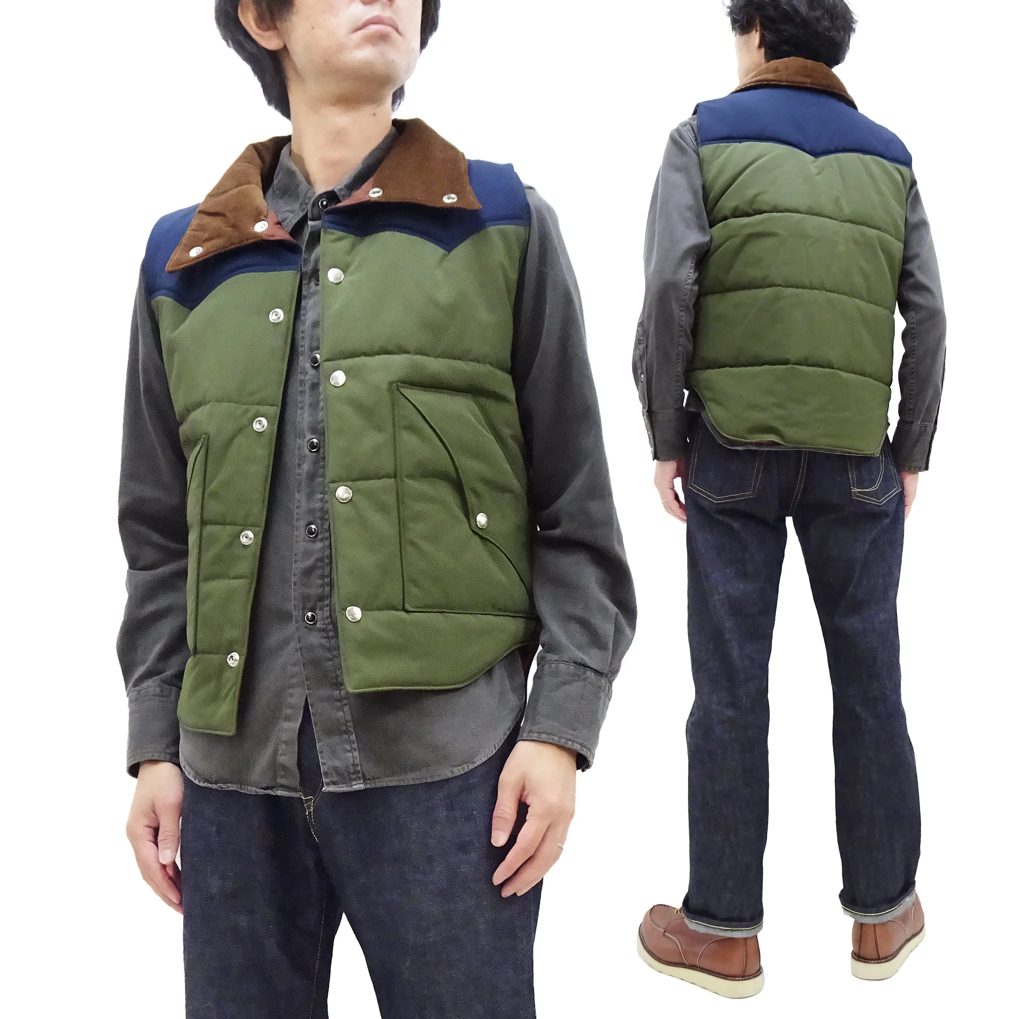 Sugar Cane Puffer Vest Men's Outer Vest Contrast Yoke Panel Padded Vest SC15400 149 Olive/Navy-Blue/Brown