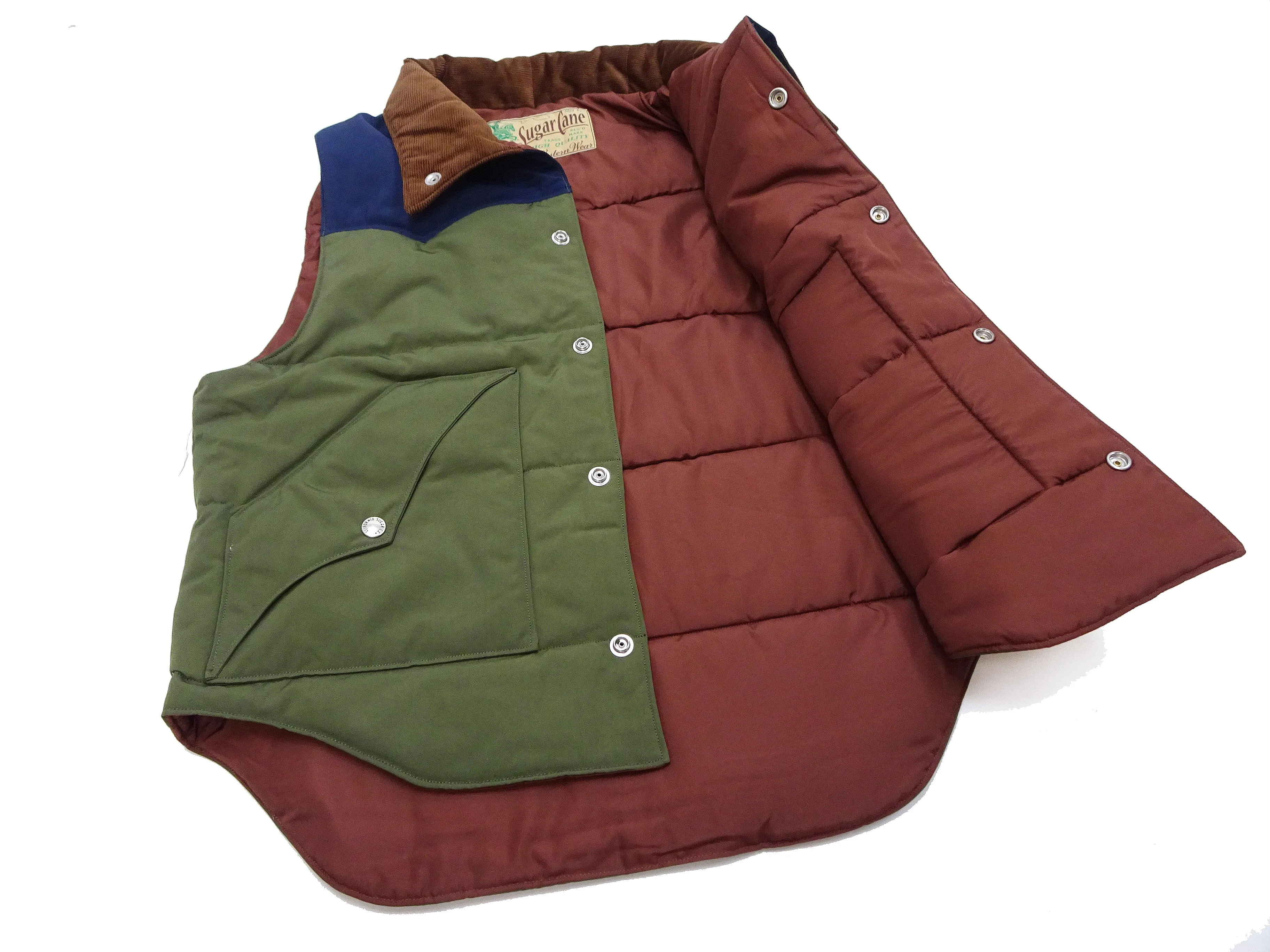 Sugar Cane Puffer Vest Men's Outer Vest Contrast Yoke Panel Padded Vest SC15400 149 Olive/Navy-Blue/Brown