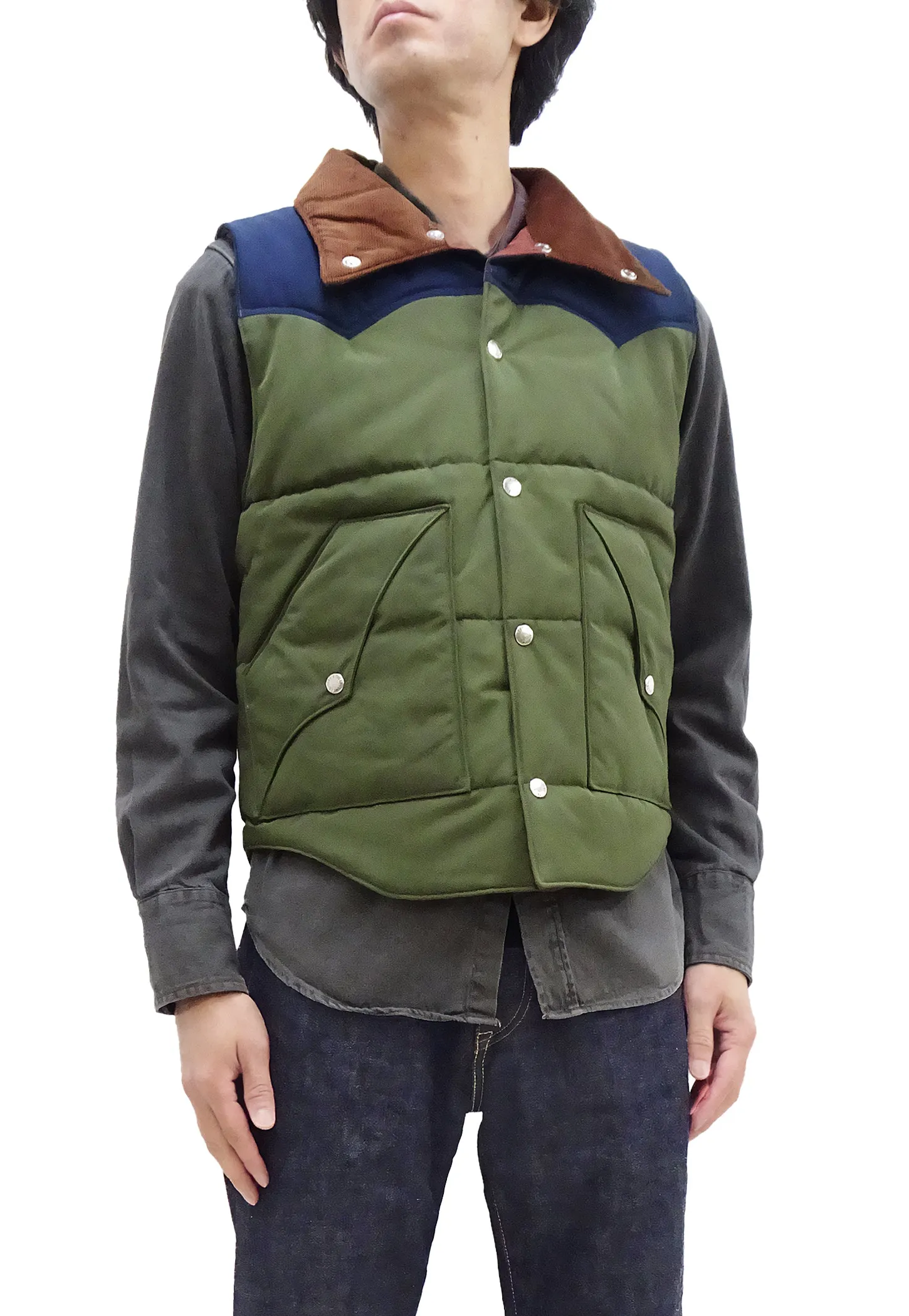 Sugar Cane Puffer Vest Men's Outer Vest Contrast Yoke Panel Padded Vest SC15400 149 Olive/Navy-Blue/Brown