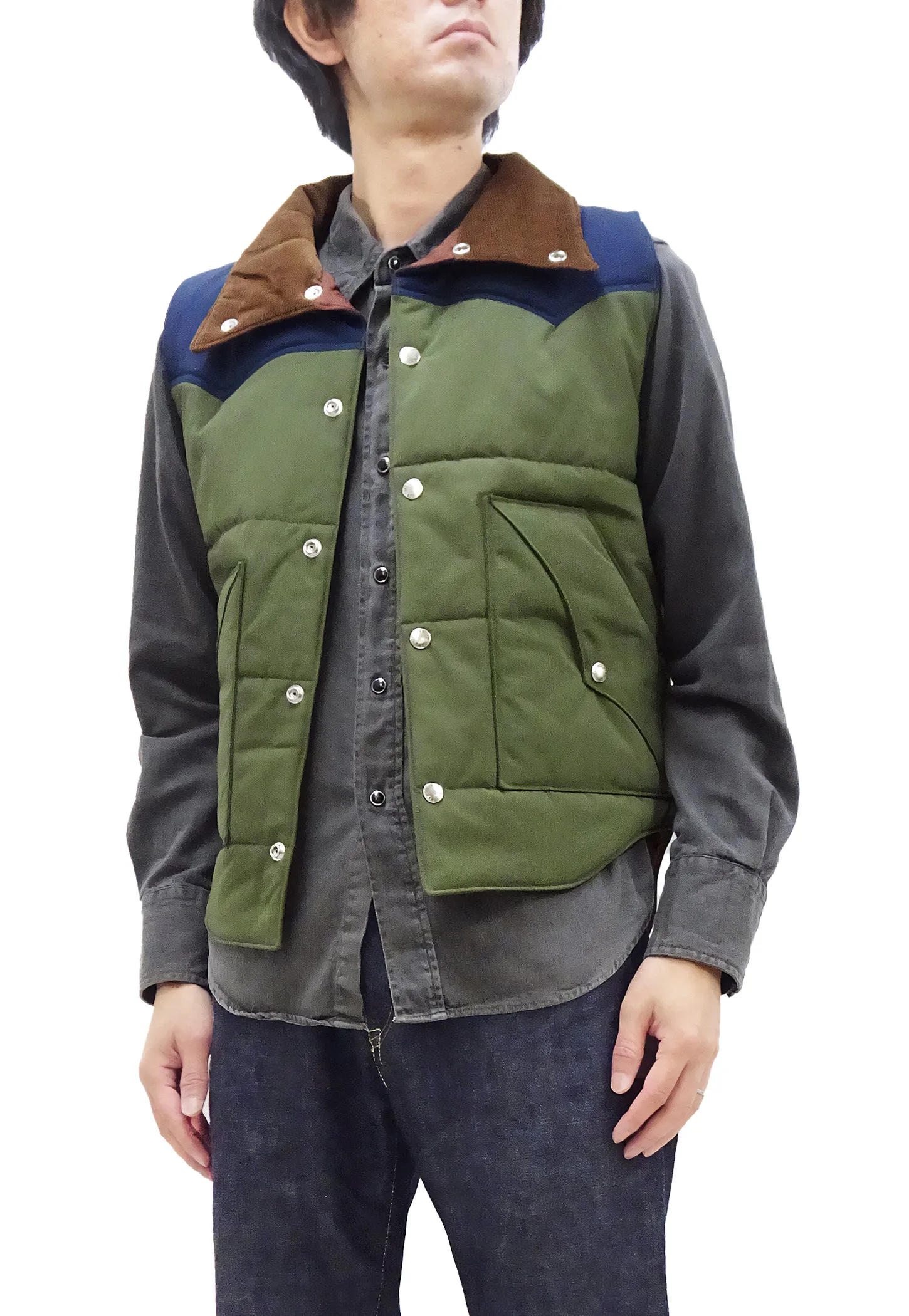 Sugar Cane Puffer Vest Men's Outer Vest Contrast Yoke Panel Padded Vest SC15400 149 Olive/Navy-Blue/Brown