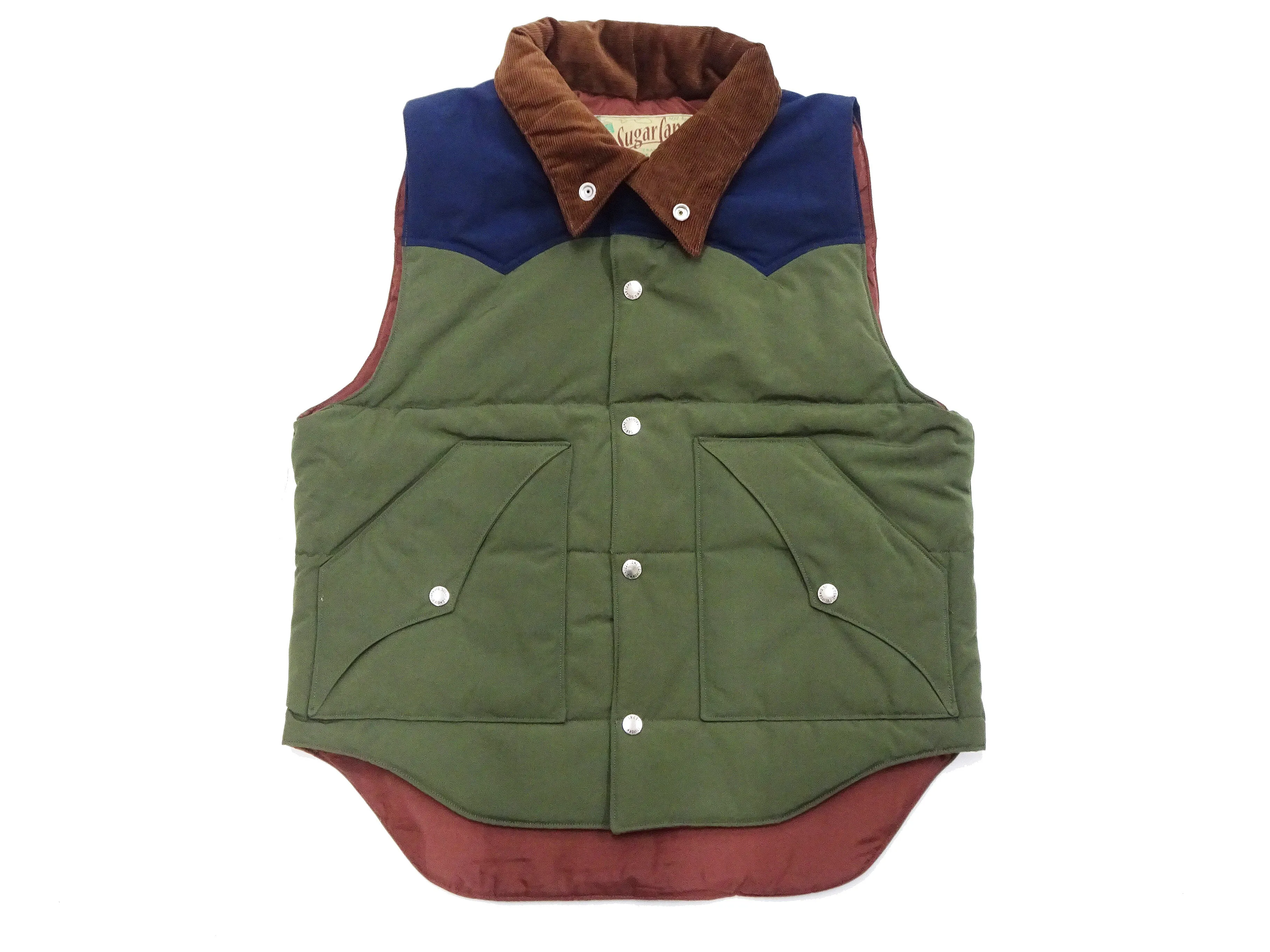 Sugar Cane Puffer Vest Men's Outer Vest Contrast Yoke Panel Padded Vest SC15400 149 Olive/Navy-Blue/Brown