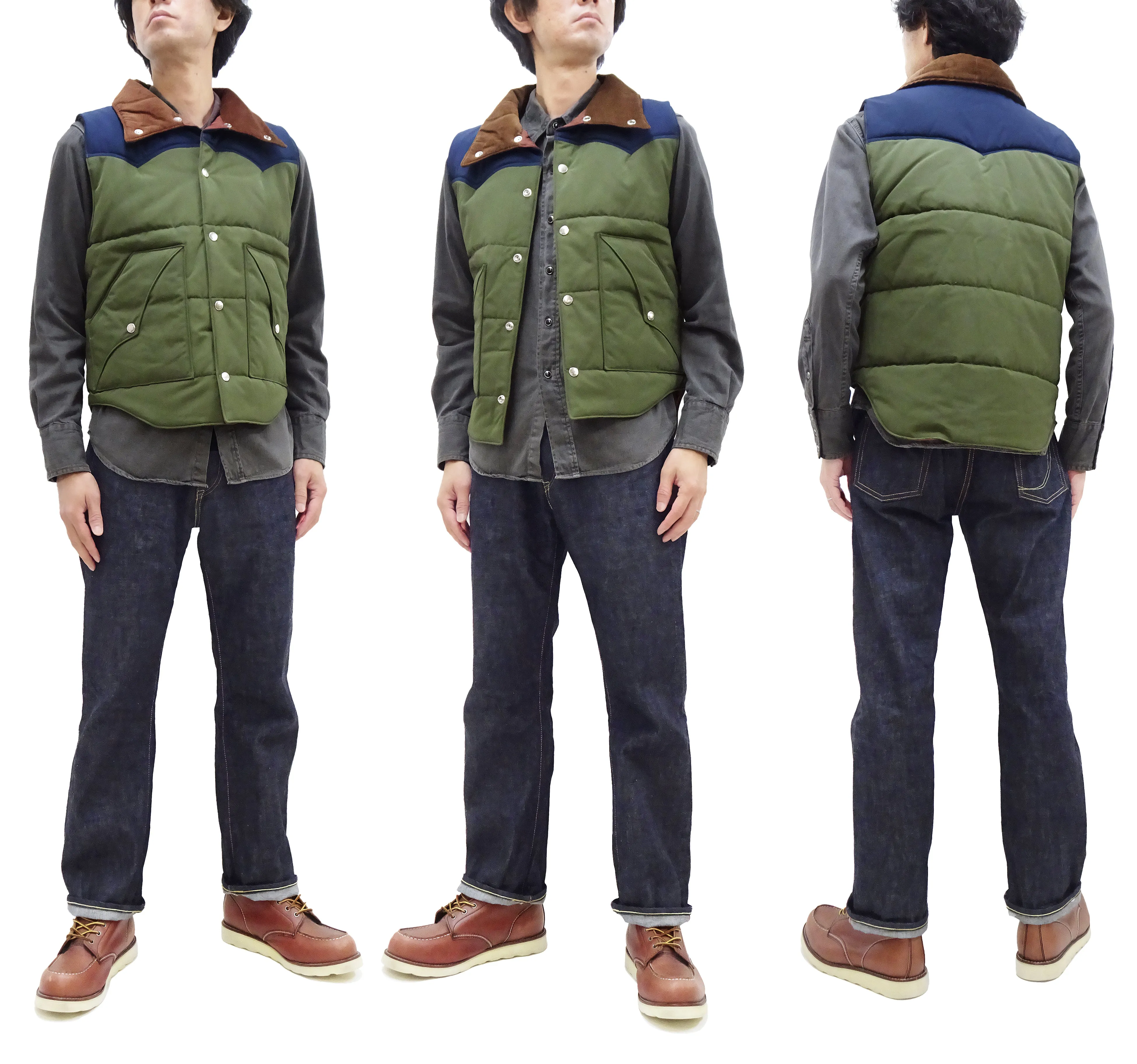 Sugar Cane Puffer Vest Men's Outer Vest Contrast Yoke Panel Padded Vest SC15400 149 Olive/Navy-Blue/Brown