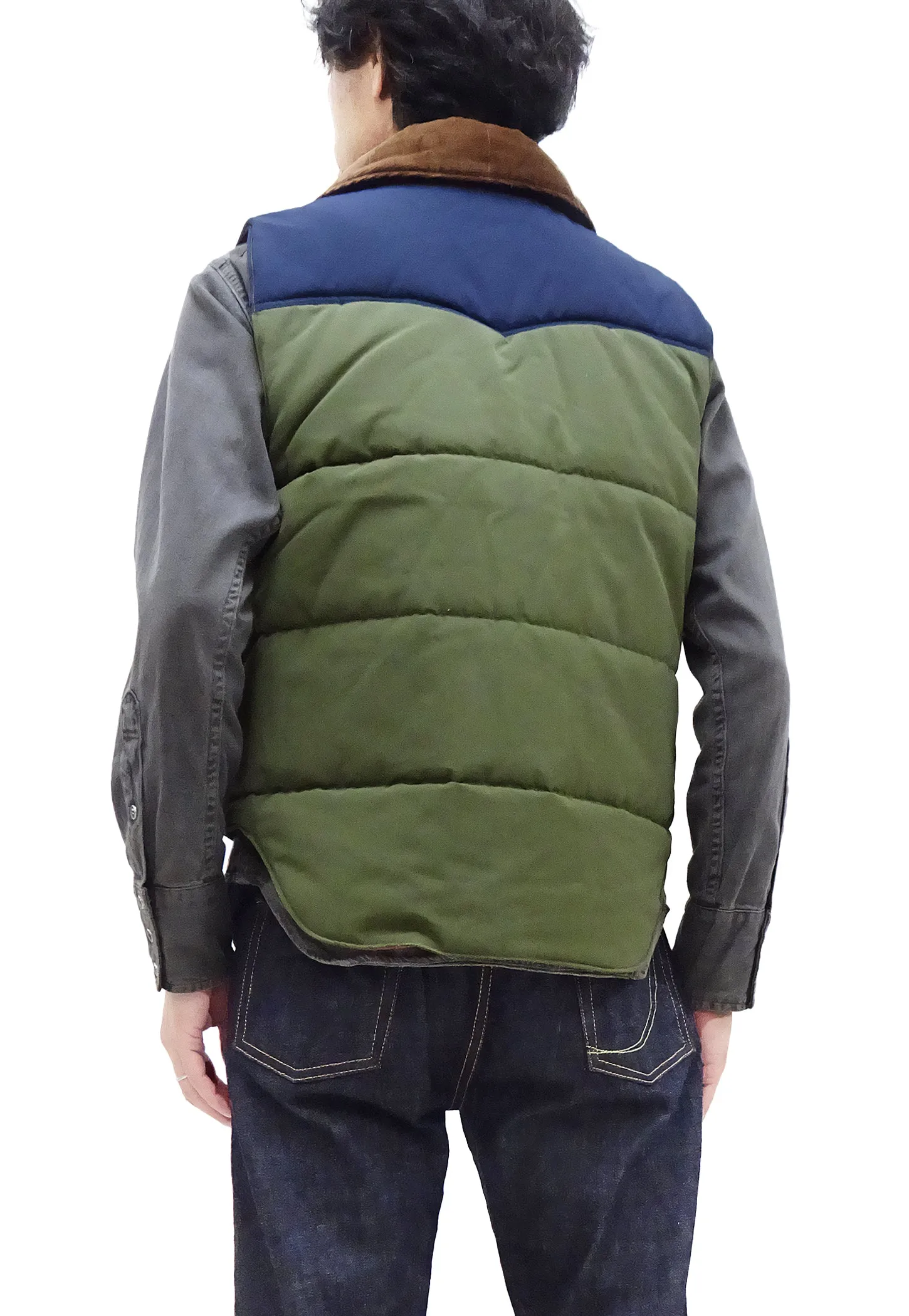 Sugar Cane Puffer Vest Men's Outer Vest Contrast Yoke Panel Padded Vest SC15400 149 Olive/Navy-Blue/Brown