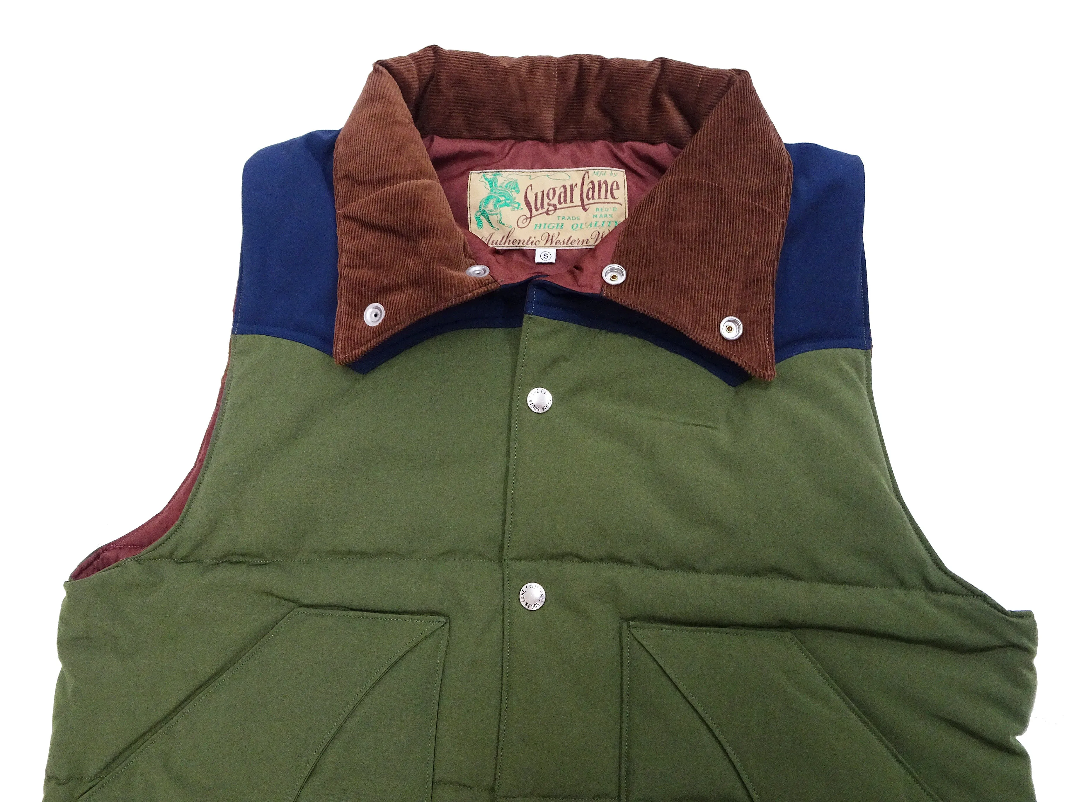 Sugar Cane Puffer Vest Men's Outer Vest Contrast Yoke Panel Padded Vest SC15400 149 Olive/Navy-Blue/Brown