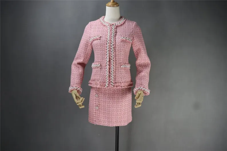 Tweed Pearls Sparkle Thread Blazer   Skirt Suit