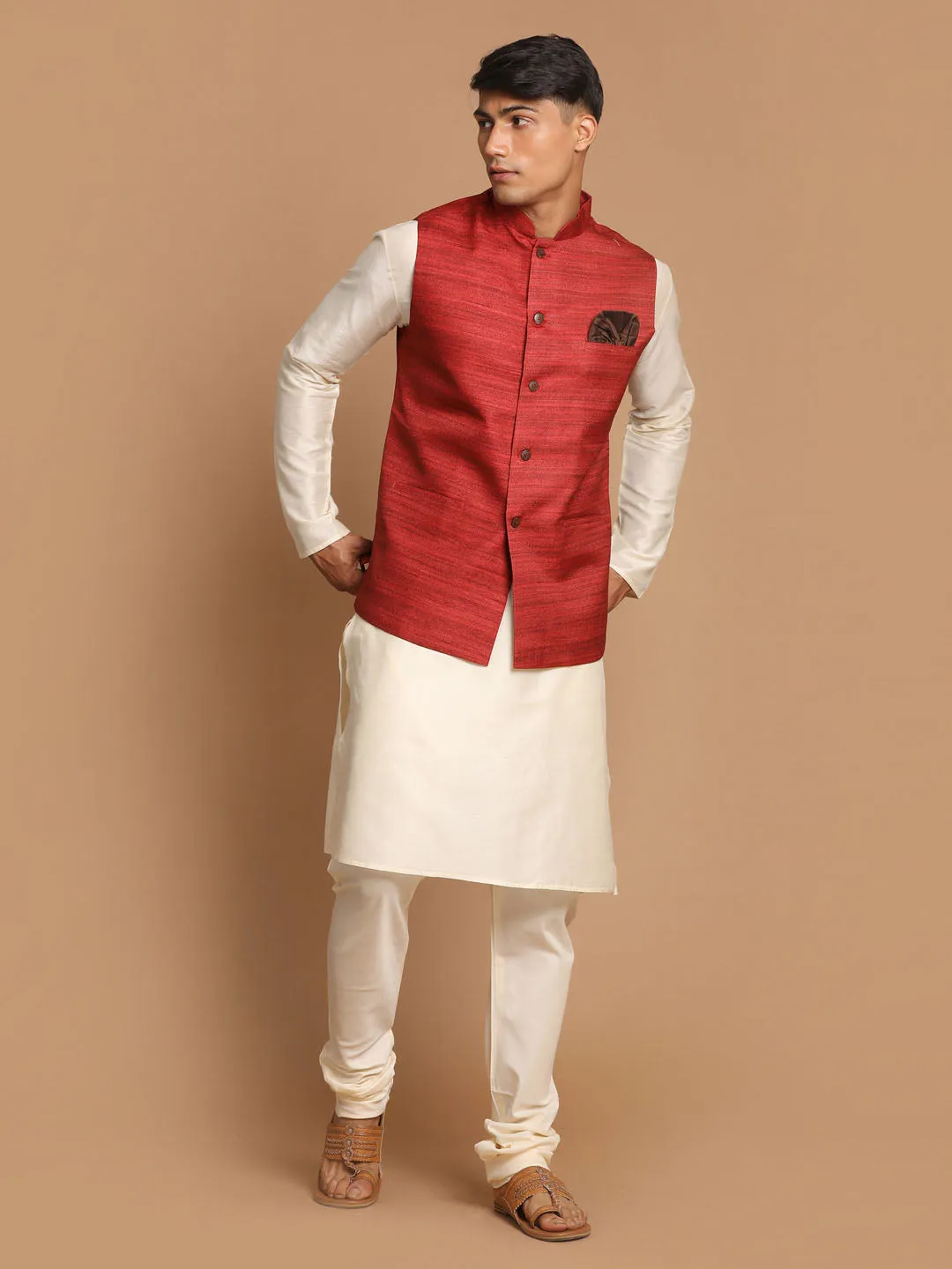 VASTRAMAY Maroon Nehru Jacket Kurta Set