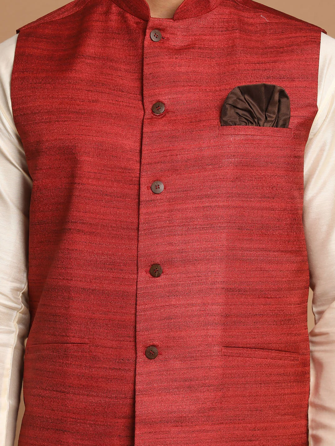 VASTRAMAY Maroon Nehru Jacket Kurta Set