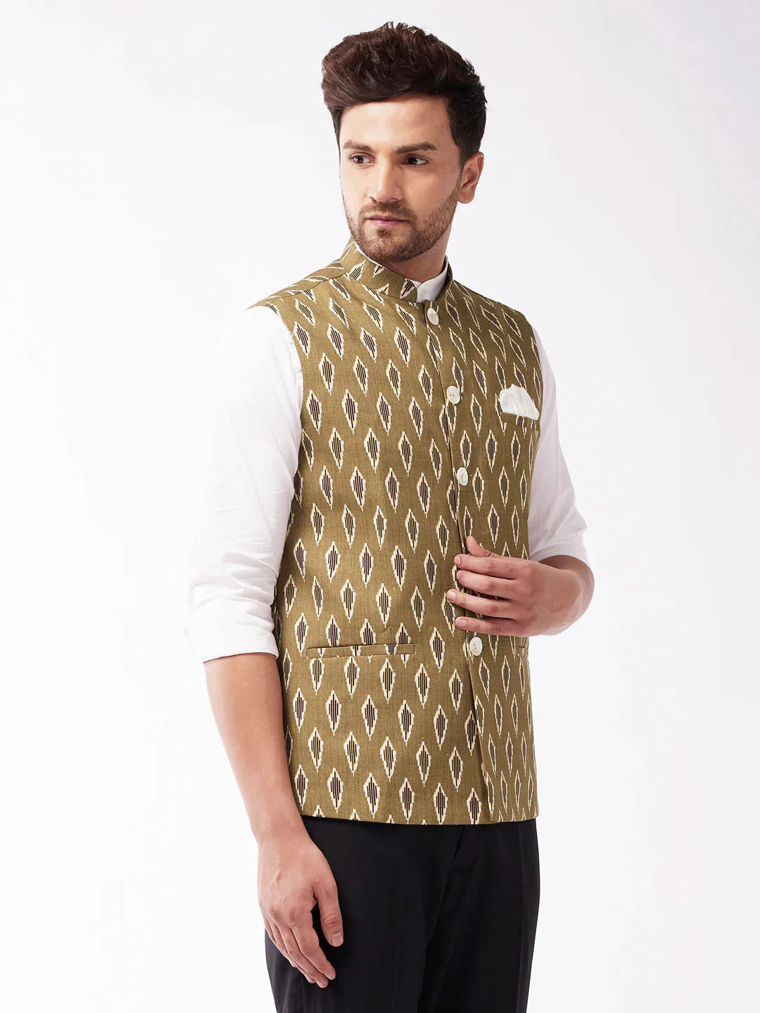 VASTRAMAY Men's Multicolour-Base-Green Cotton Nehru Jacket