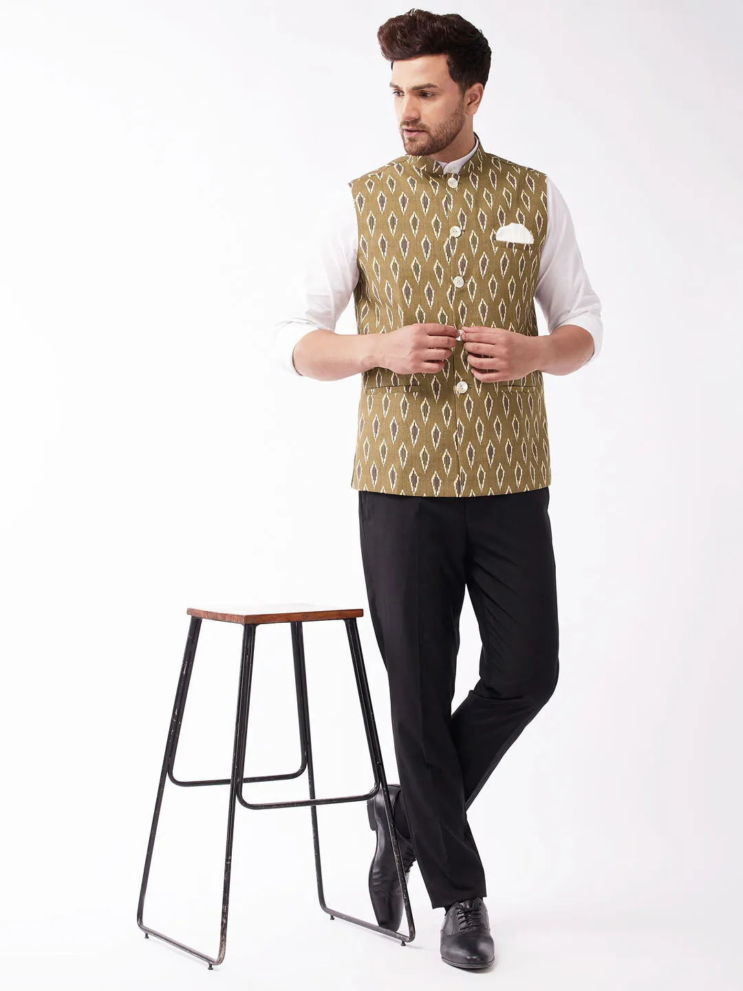 VASTRAMAY Men's Multicolour-Base-Green Cotton Nehru Jacket