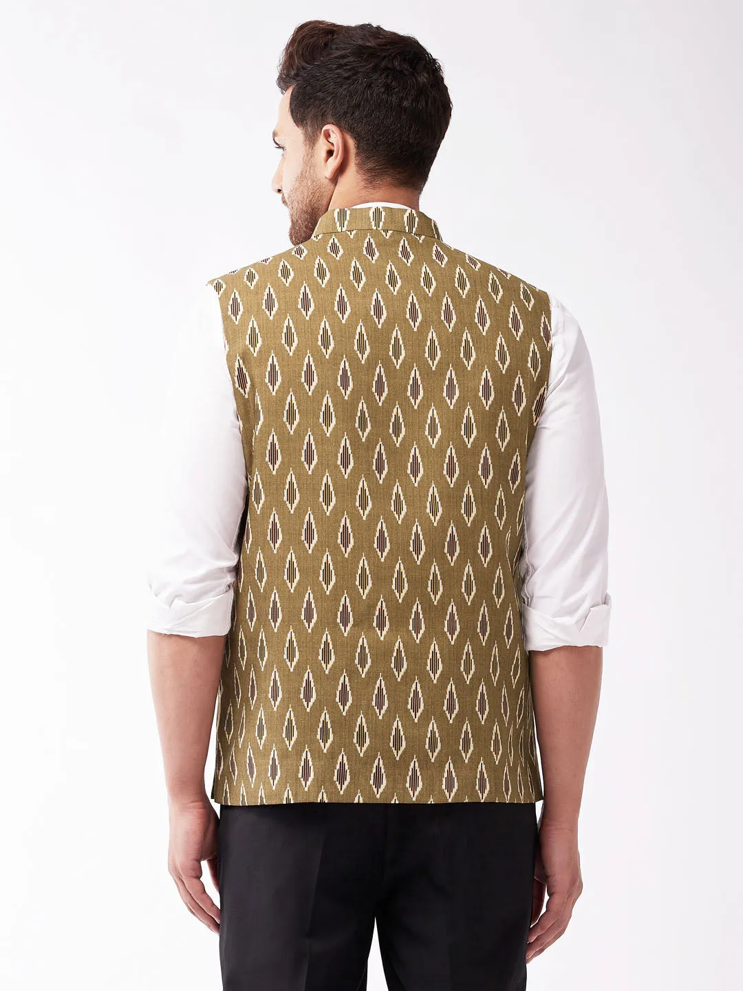 VASTRAMAY Men's Multicolour-Base-Green Cotton Nehru Jacket