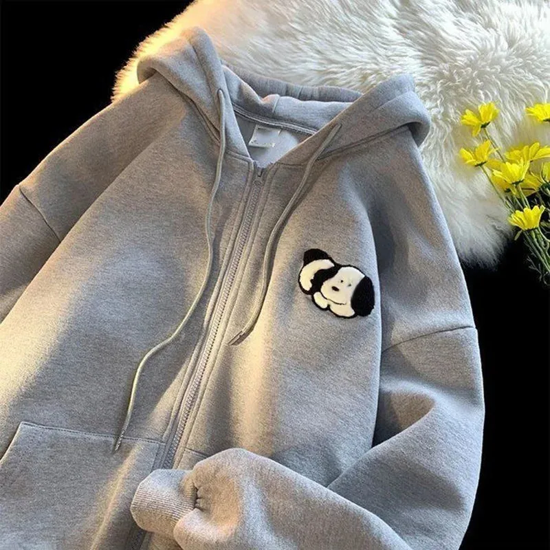 Women Aesthetic Hoodies Gray Cartoon Puppy Printed Sweatshirts Y2K Zip Up Autumn Vintage Oversized Hoodies With Pockets Teens