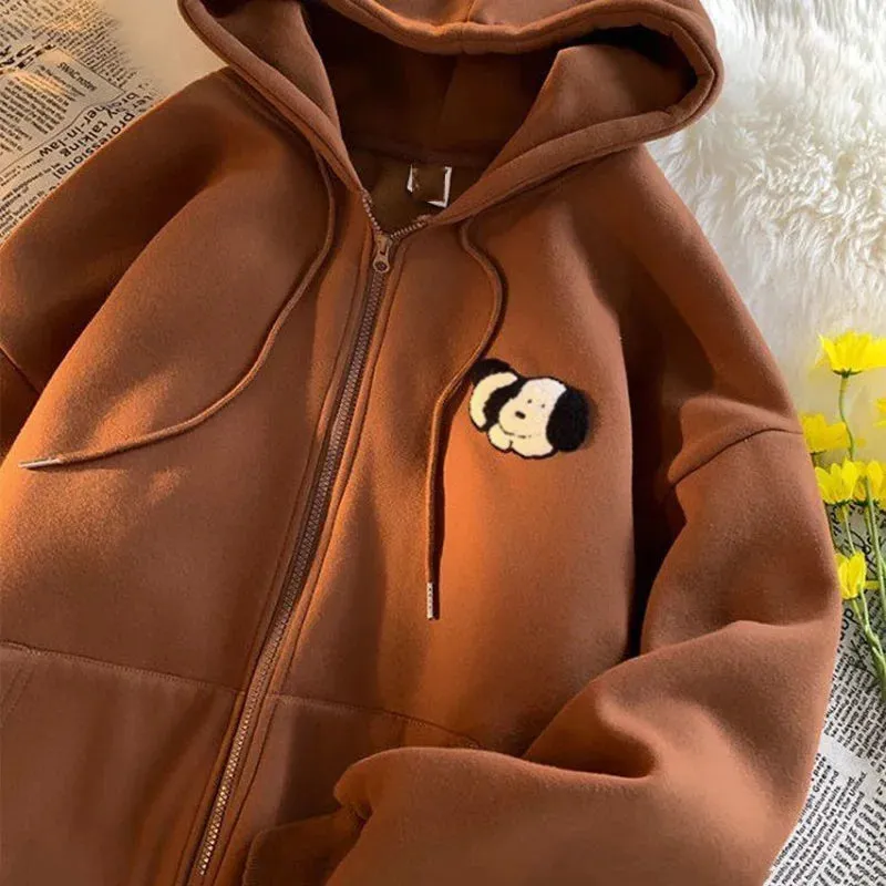 Women Aesthetic Hoodies Gray Cartoon Puppy Printed Sweatshirts Y2K Zip Up Autumn Vintage Oversized Hoodies With Pockets Teens