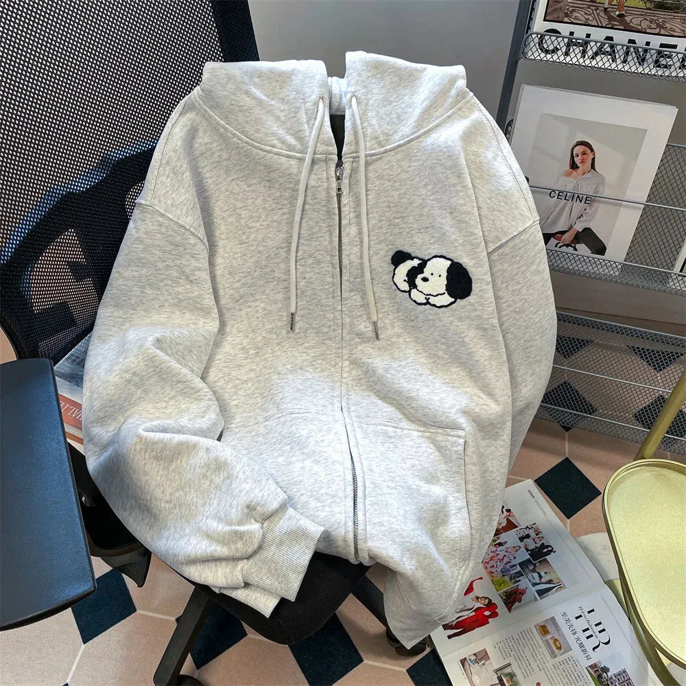 Women Aesthetic Hoodies Gray Cartoon Puppy Printed Sweatshirts Y2K Zip Up Autumn Vintage Oversized Hoodies With Pockets Teens