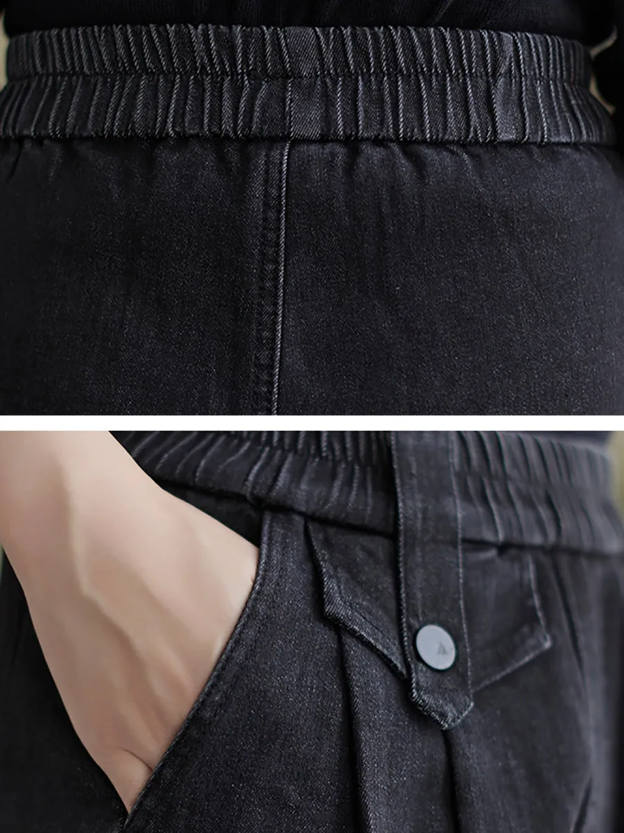 Women Casual Fleece-lined Denim Harem Pants