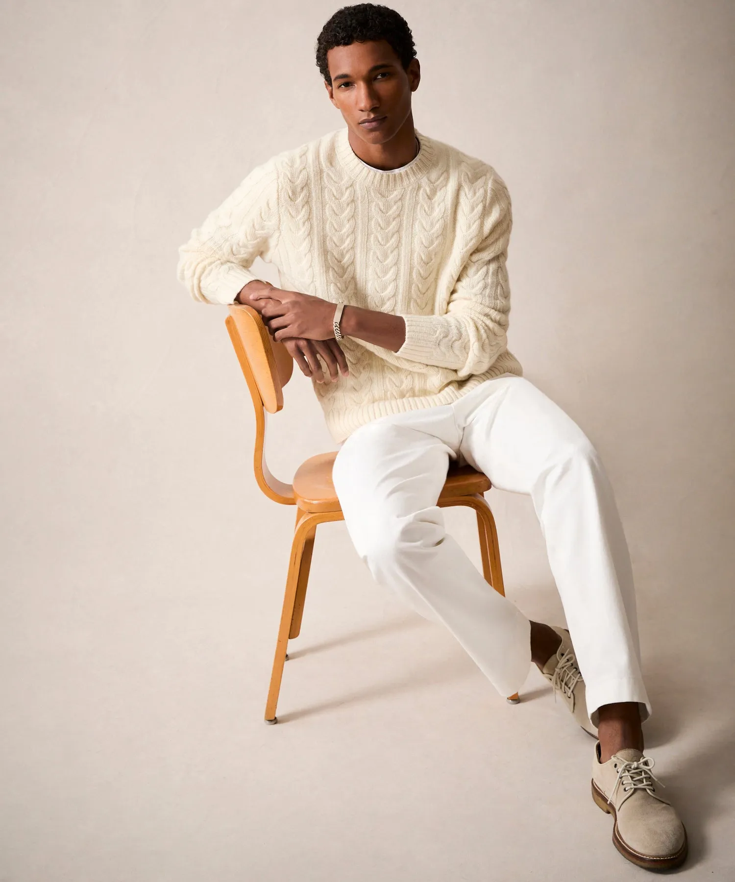 Wool Cable Crewneck Sweater in Bisque